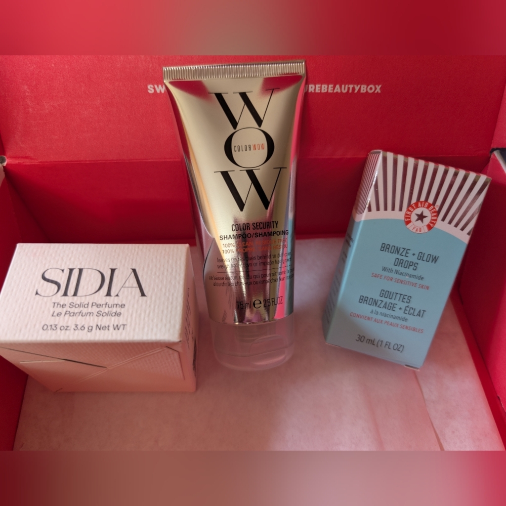 Color Wow Shampoo, First Aid Beauty Bronze+Glow Drops and Sidia Perfume Braless
